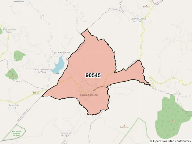 Mapa del código postal 90545, Lázaro Cárdenas, Tlaxcala
