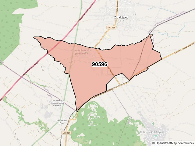 Mapa del código postal 90596, Ziltlaltépec de Trinidad Sánchez Santos, Tlaxcala