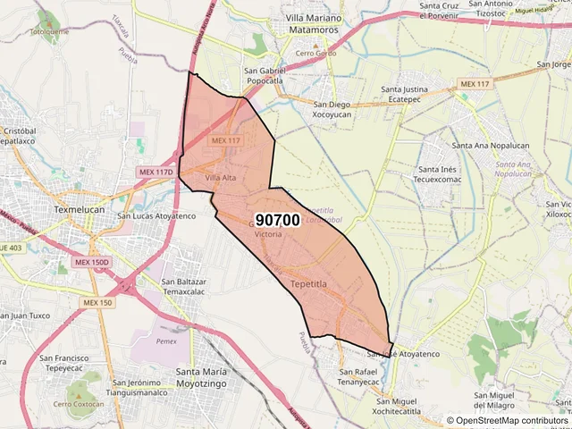 Mapa del código postal 90700, Tepetitla de Lardizábal, Tlaxcala
