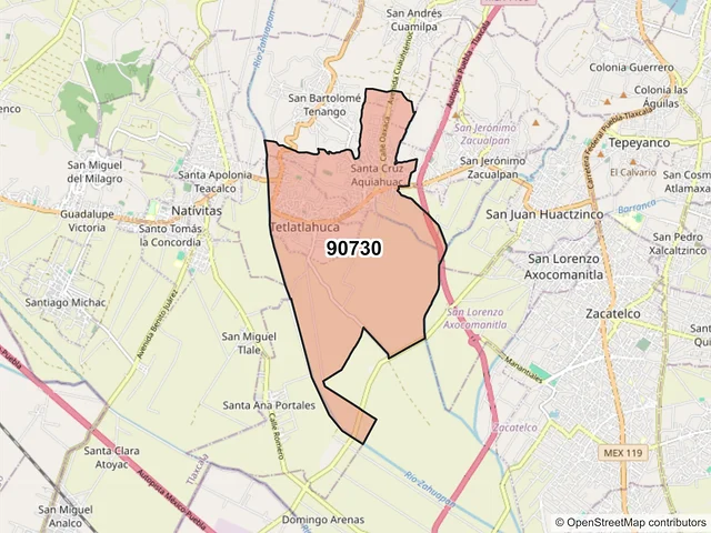 Mapa del código postal 90730, Tetlatlahuca, Tlaxcala