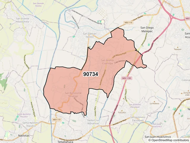 Mapa del código postal 90734, Tetlatlahuca, Tlaxcala