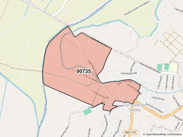 Mapa del código postal 90735, San Damián Texóloc, Tlaxcala