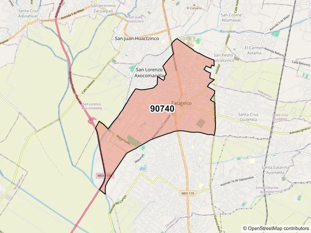 Mapa del código postal 90740, Zacatelco, Tlaxcala