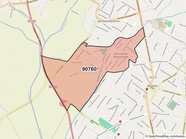 Mapa del código postal 90760, San Lorenzo Axocomanitla, Tlaxcala