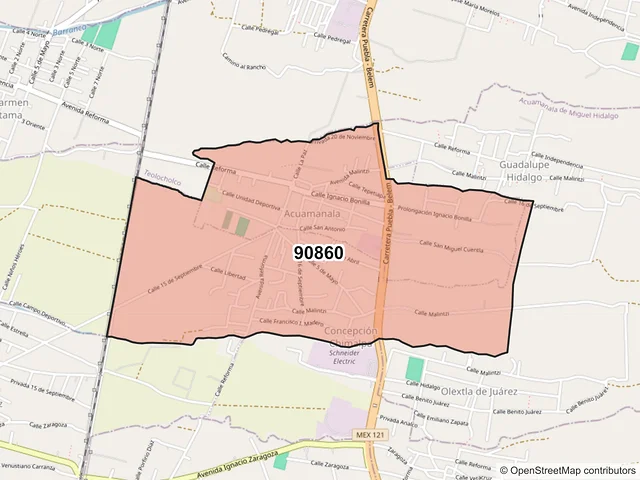 Mapa del código postal 90860, Acuamanala de Miguel Hidalgo, Tlaxcala