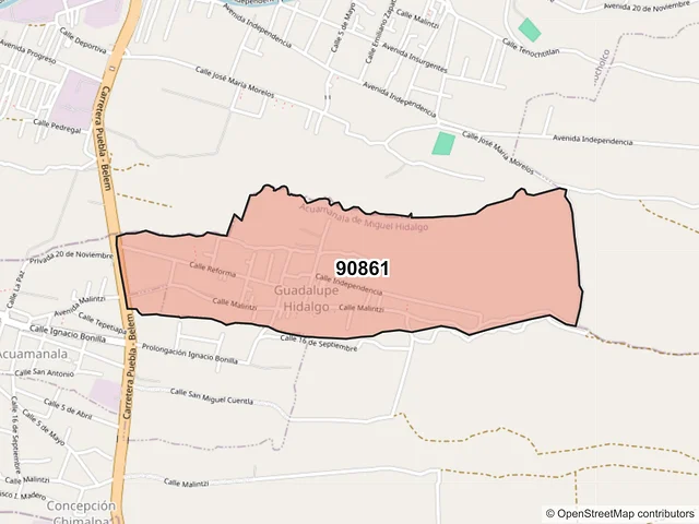 Mapa del código postal 90861, Acuamanala de Miguel Hidalgo, Tlaxcala