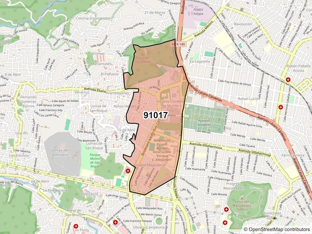 Mapa del código postal 91017, Xalapa, Veracruz de Ignacio de la Llave
