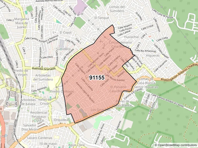 Mapa del código postal 91155, Xalapa, Veracruz de Ignacio de la Llave