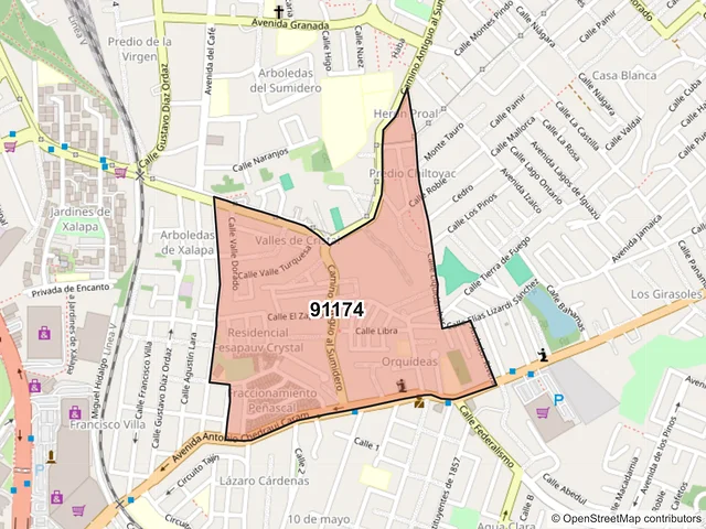 Mapa del código postal 91174, Xalapa, Veracruz de Ignacio de la Llave