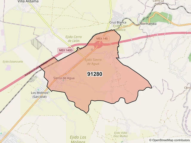 Mapa del código postal 91280, Perote, Veracruz de Ignacio de la Llave