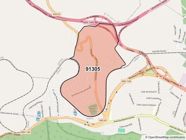 Mapa del código postal 91305, Banderilla, Veracruz de Ignacio de la Llave