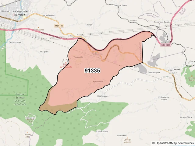 Mapa del código postal 91335, Las Vigas de Ramírez, Veracruz de Ignacio de la Llave