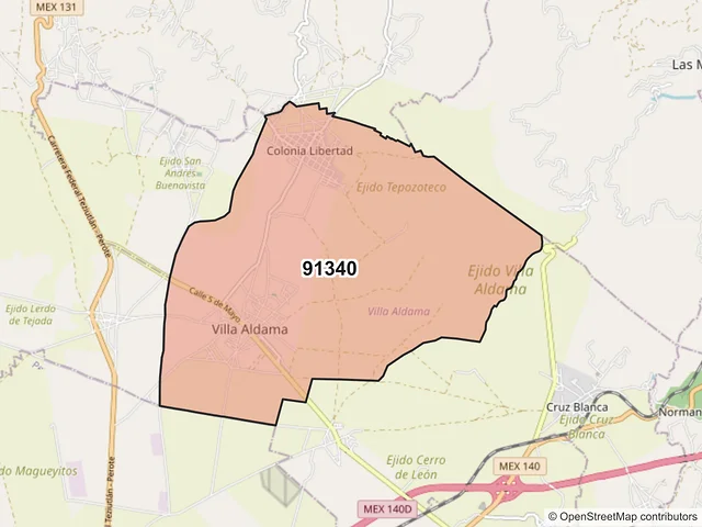Mapa del código postal 91340, Villa Aldama, Veracruz de Ignacio de la Llave