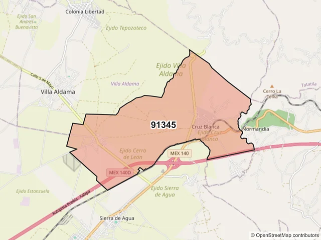Mapa del código postal 91345, Villa Aldama, Veracruz de Ignacio de la Llave