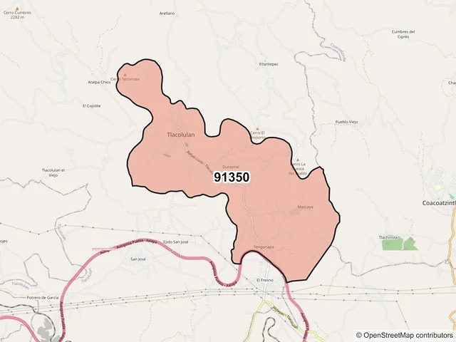Mapa del código postal 91350, Tlacolulan, Veracruz de Ignacio de la Llave