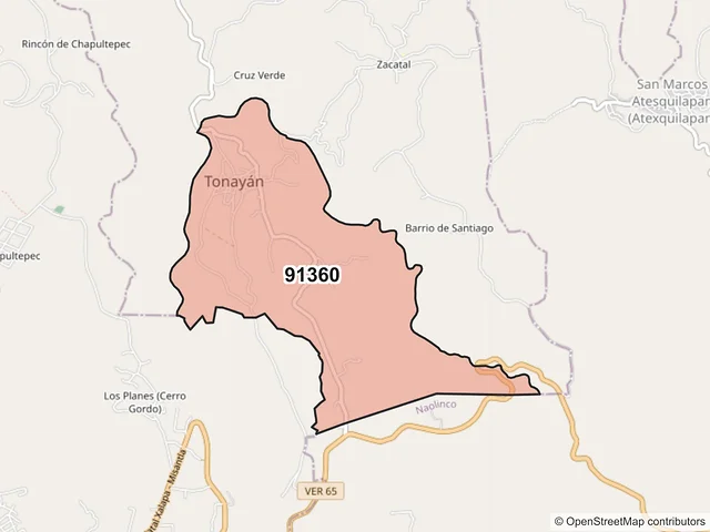 Mapa del código postal 91360, Tonayán, Veracruz de Ignacio de la Llave