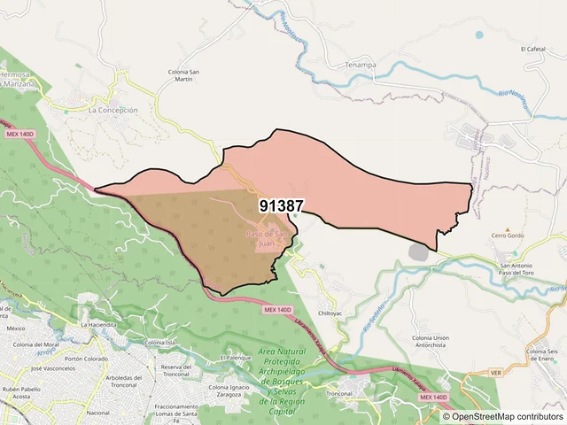 Mapa del código postal 91387, Jilotepec, Veracruz de Ignacio de la Llave
