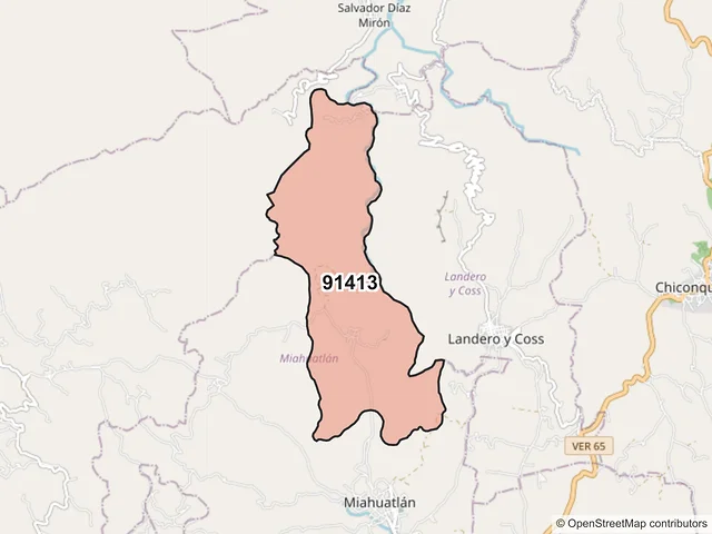 Mapa del código postal 91413, Miahuatlán, Veracruz de Ignacio de la Llave