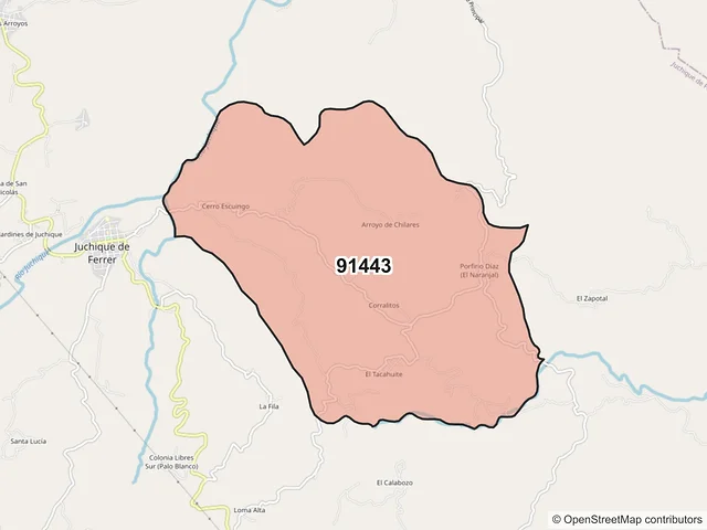 Mapa del código postal 91443, Juchique de Ferrer, Veracruz de Ignacio de la Llave