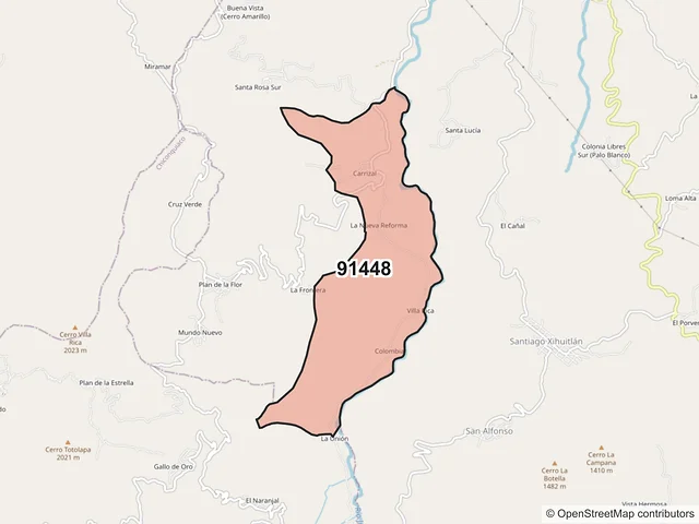 Mapa del código postal 91448, Juchique de Ferrer, Veracruz de Ignacio de la Llave