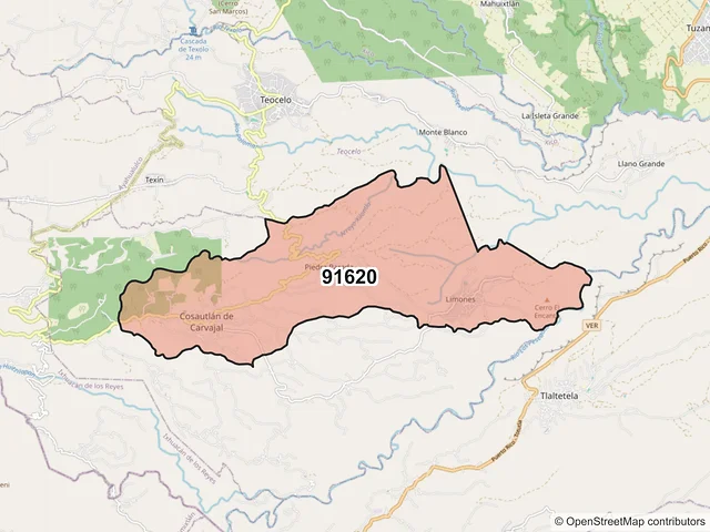 Mapa del código postal 91620, Cosautlán de Carvajal, Veracruz de Ignacio de la Llave