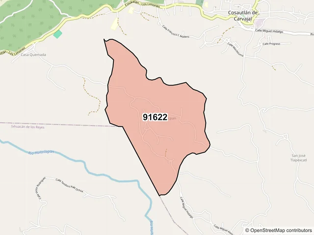 Mapa del código postal 91622, Cosautlán de Carvajal, Veracruz de Ignacio de la Llave