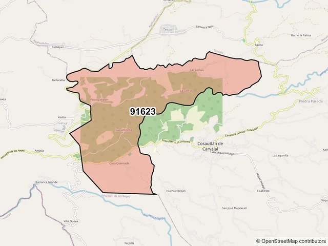 Mapa del código postal 91623, Cosautlán de Carvajal, Veracruz de Ignacio de la Llave