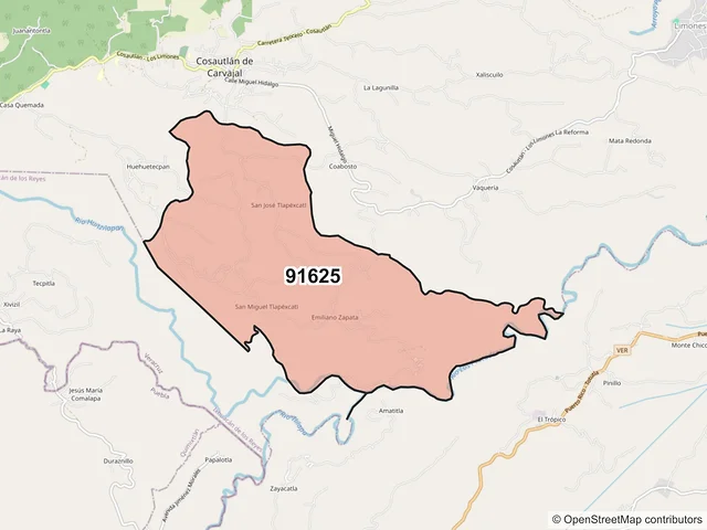 Mapa del código postal 91625, Cosautlán de Carvajal, Veracruz de Ignacio de la Llave