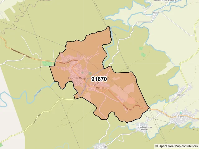 Mapa del código postal 91670, Paso de Ovejas, Veracruz de Ignacio de la Llave
