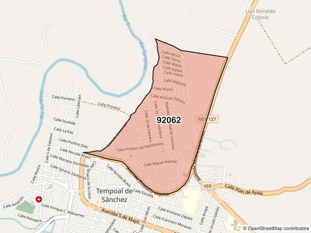 Mapa del código postal 92062, Tempoal, Veracruz de Ignacio de la Llave