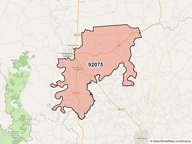 Mapa del código postal 92075, Tempoal, Veracruz de Ignacio de la Llave