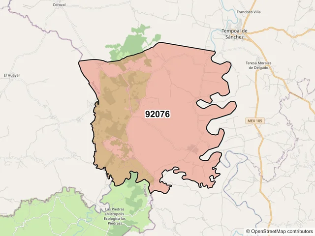 Mapa del código postal 92076, Tempoal, Veracruz de Ignacio de la Llave