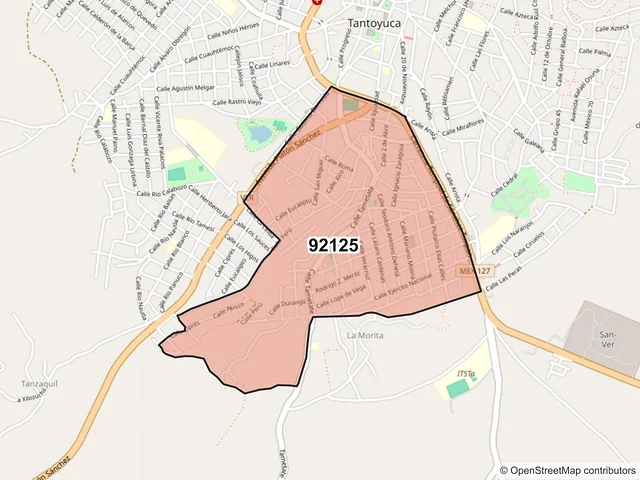 Mapa del código postal 92125, Tantoyuca, Veracruz de Ignacio de la Llave
