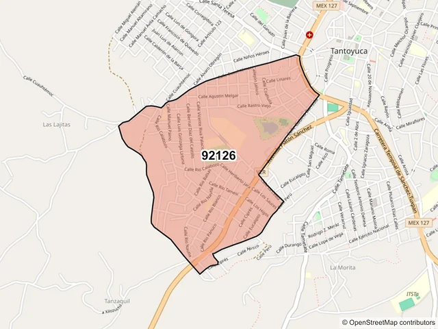Mapa del código postal 92126, Tantoyuca, Veracruz de Ignacio de la Llave