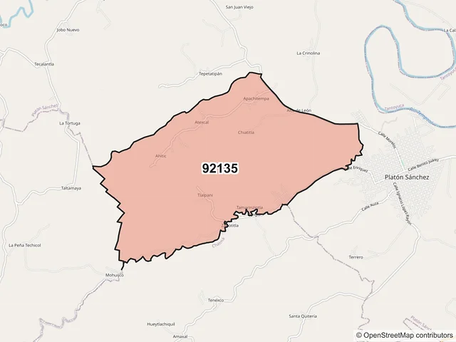 Mapa del código postal 92135, Platón Sánchez, Veracruz de Ignacio de la Llave