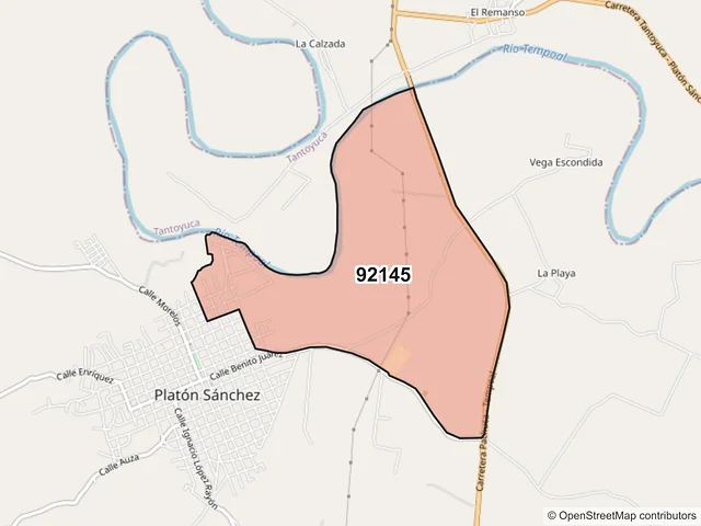 Mapa del código postal 92145, Platón Sánchez, Veracruz de Ignacio de la Llave