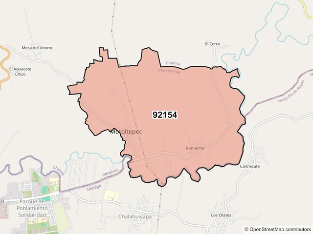Mapa del código postal 92154, Chiconamel, Veracruz de Ignacio de la Llave