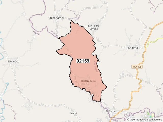 Mapa del código postal 92159, Chiconamel, Veracruz de Ignacio de la Llave