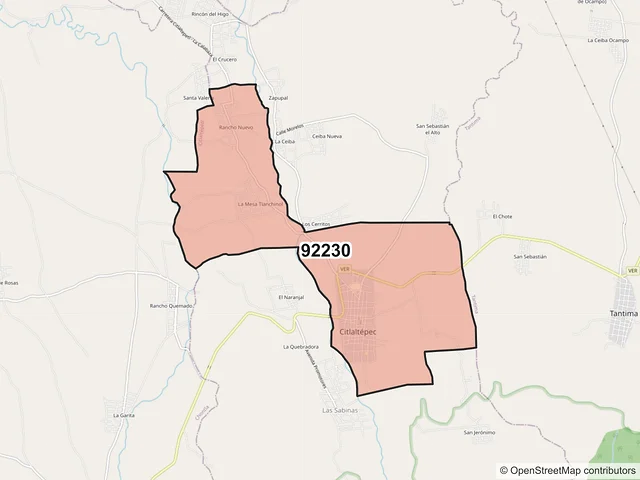 Mapa del código postal 92230, Citlaltépetl, Veracruz de Ignacio de la Llave