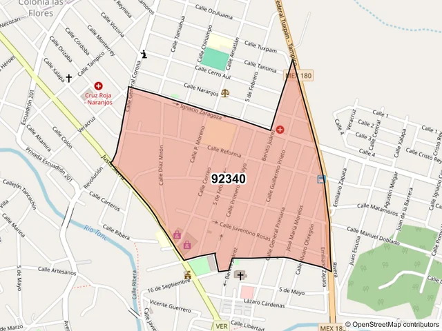 Mapa del código postal 92340, Naranjos Amatlán, Veracruz de Ignacio de la Llave