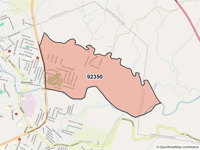 Mapa del código postal 92350, Naranjos Amatlán, Veracruz de Ignacio de la Llave