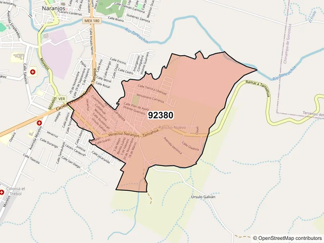 Mapa del código postal 92380, Naranjos Amatlán, Veracruz de Ignacio de la Llave