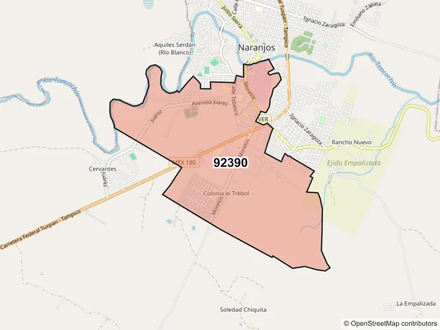 Mapa del código postal 92390, Naranjos Amatlán, Veracruz de Ignacio de la Llave