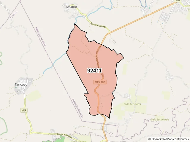 Mapa del código postal 92411, Naranjos Amatlán, Veracruz de Ignacio de la Llave