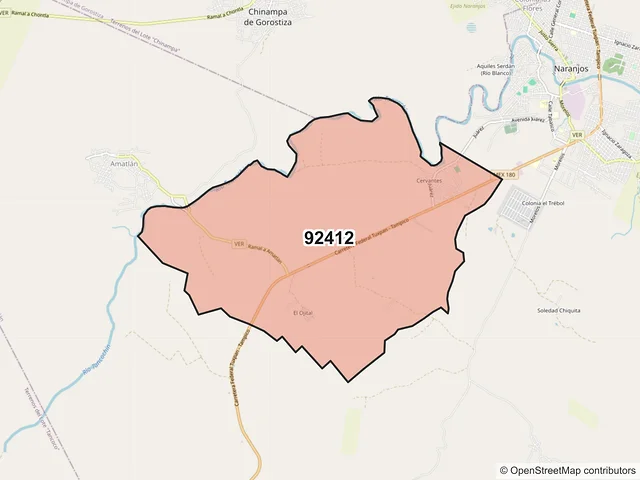 Mapa del código postal 92412, Naranjos Amatlán, Veracruz de Ignacio de la Llave