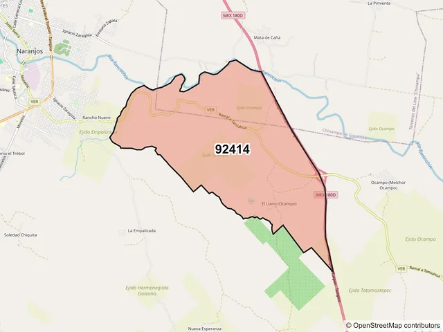 Mapa del código postal 92414, Naranjos Amatlán, Veracruz de Ignacio de la Llave