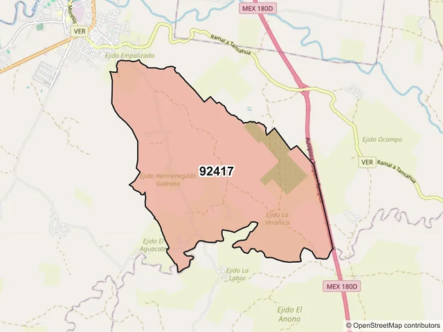 Mapa del código postal 92417, Naranjos Amatlán, Veracruz de Ignacio de la Llave