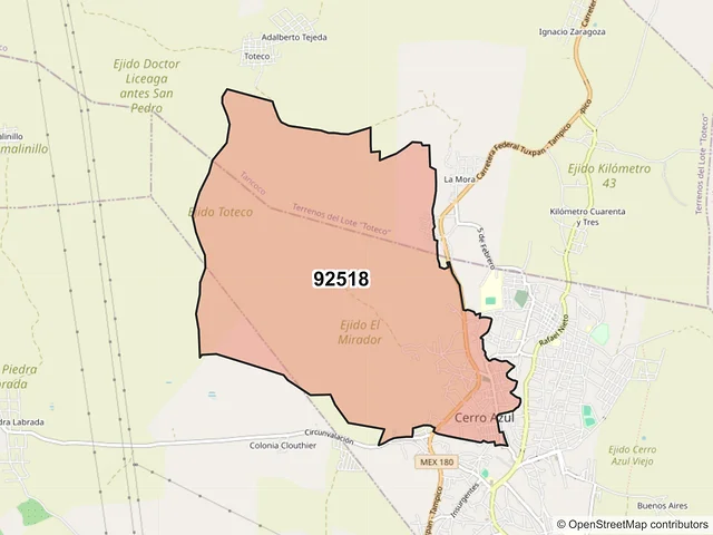 Mapa del código postal 92518, Cerro Azul, Veracruz de Ignacio de la Llave