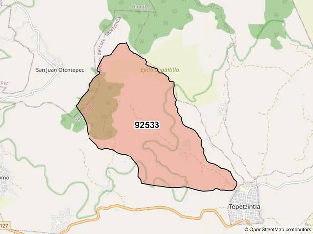 Mapa del código postal 92533, Tepetzintla, Veracruz de Ignacio de la Llave