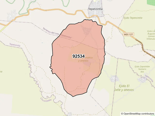 Mapa del código postal 92534, Tepetzintla, Veracruz de Ignacio de la Llave